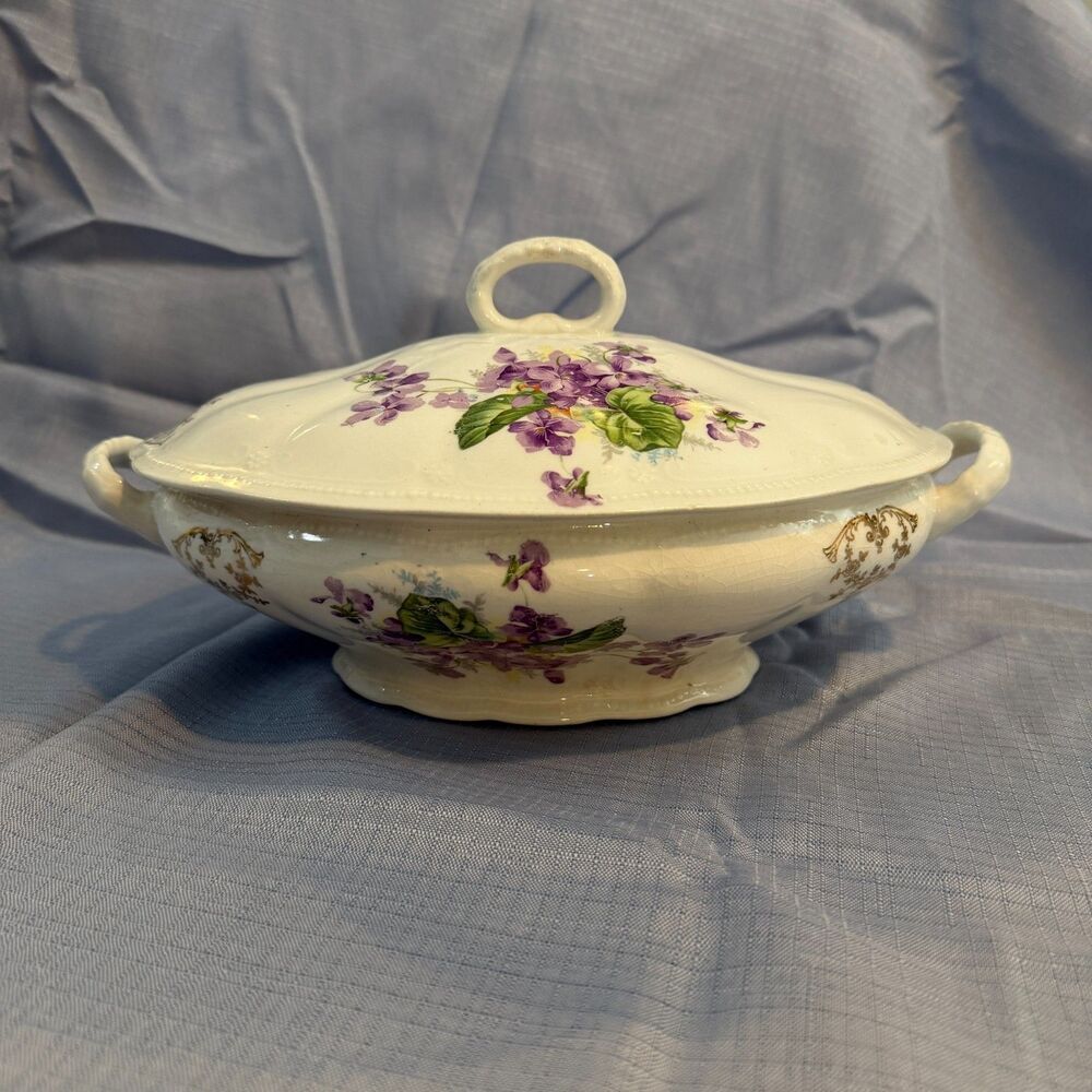Antique 1904-1910 Owen China Minerva Gold Medal St Louis Violet Covered Dish
